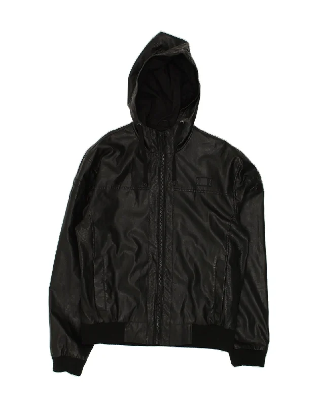 BENCH Mens Hooded Bomber Jacket UK 40  Large Black Polyurethane