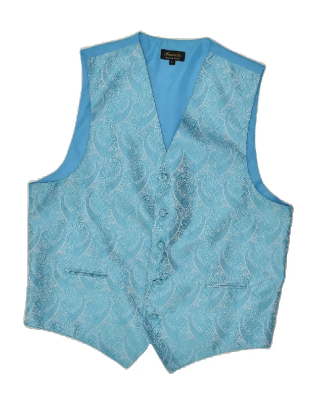 VINTAGE Mens Waistcoat Large Blue Paisley Polyester