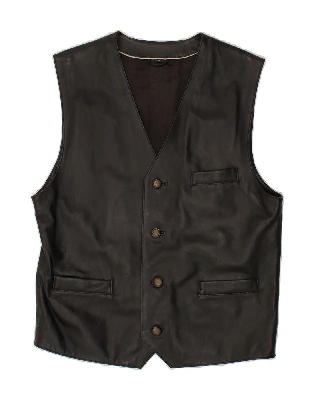 VINTAGE Mens Leather Waistcoat IT 48 Medium Black Leather