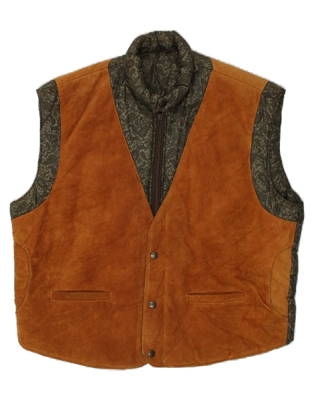 VERA PELLE Mens Leather Padded Gilet IT 56 3XL Brown Paisley Leather