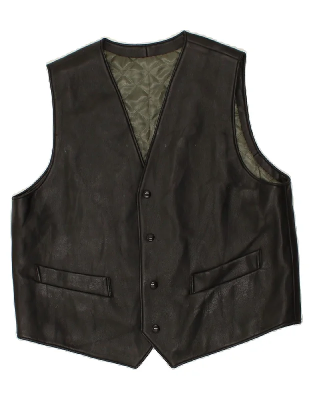 VINTAGE Mens Leather Waistcoat Small Black