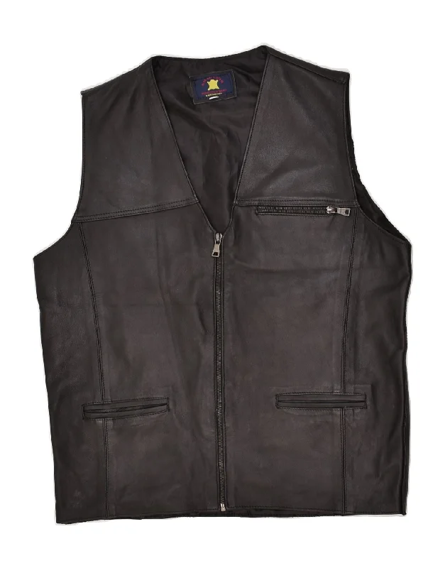 VINTAGE Mens Leather Gilet UK 36 Small Black Leather