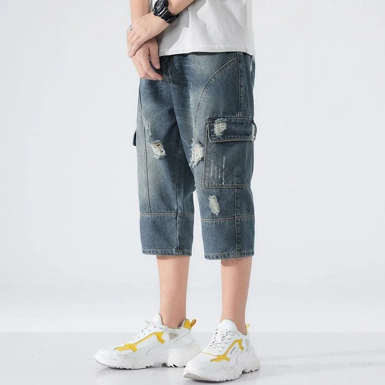 Men's Loose Elastic Waist Printed Cropped Jeans