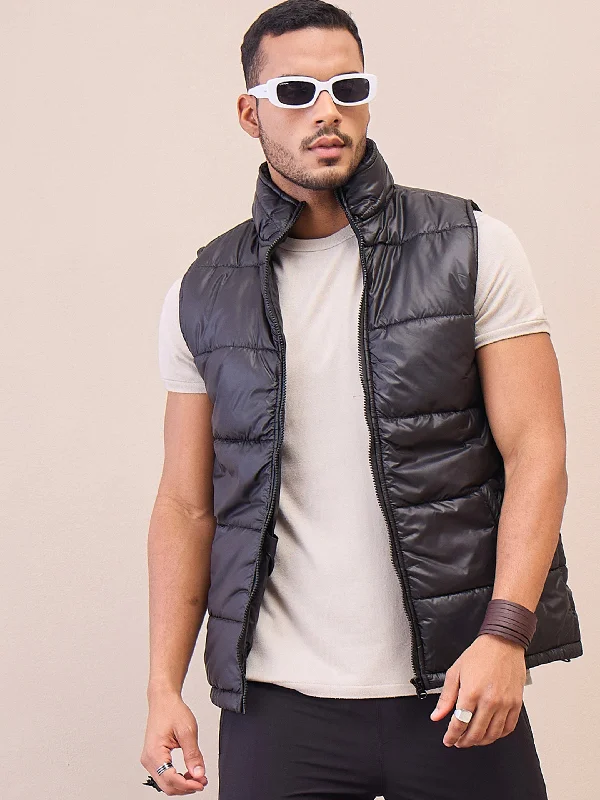 Men Black Fur Collar Puffer Sleeveless Jacket