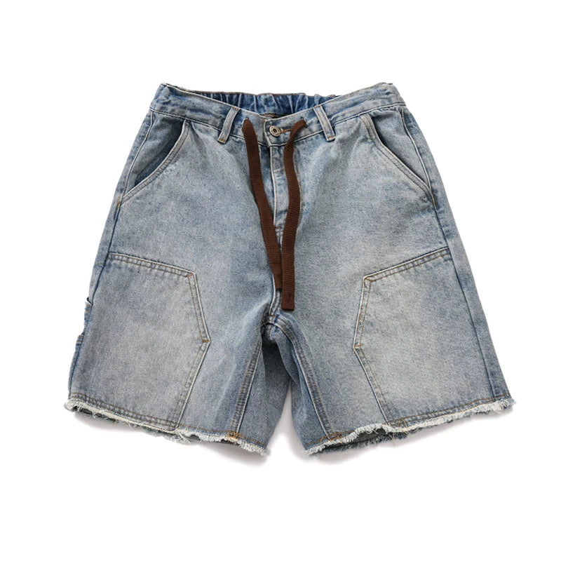 Washed Denim Elastic Waist Shorts Japanese Work Uniform Straight Tube Double Knee Logging Jeans Pants