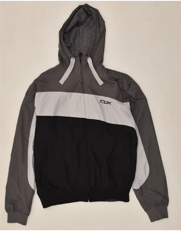 REEBOK Mens Hooded Rain Jacket UK 38 Medium Grey Colourblock Polyester