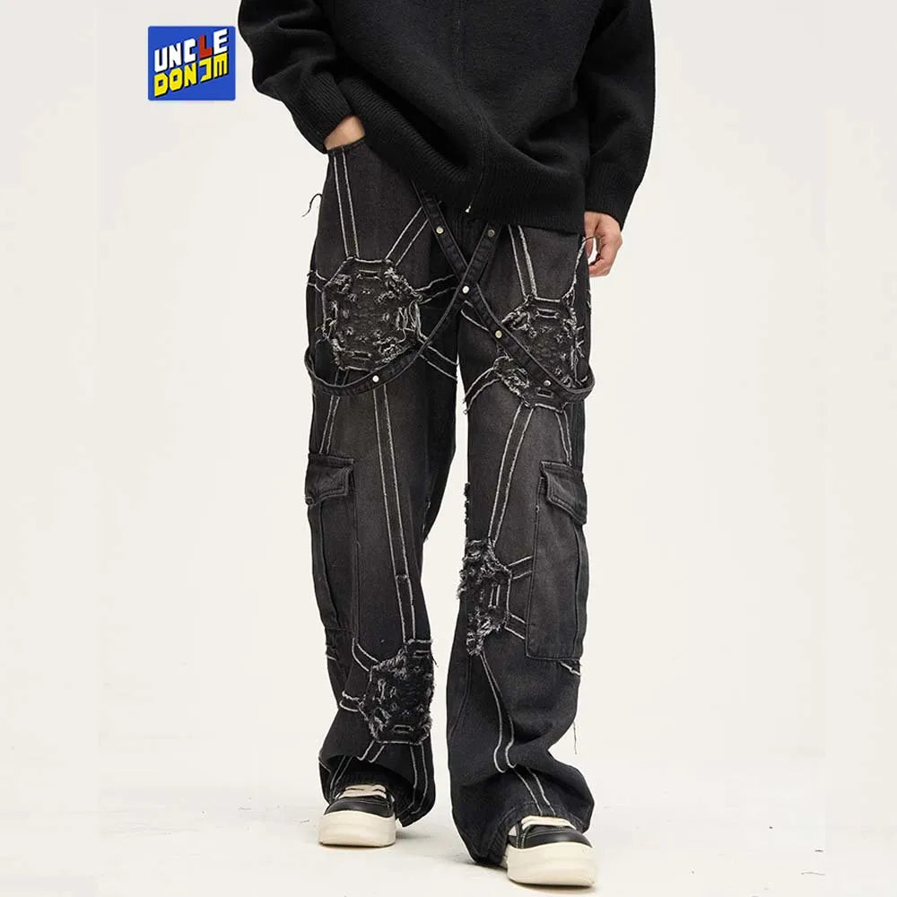 Spider Splicing Baggy Jeans Denim Pants Black Loose Straight Cargo Jeans