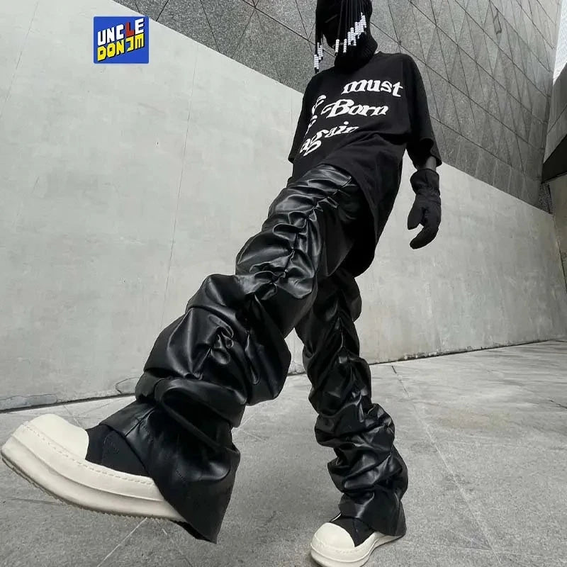 Pleated Leather Pants Men Motorcycle Leather Pants Street Wear