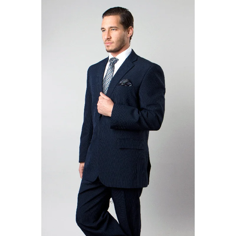 Men Suit Navy Blue Pin Stripe 2 Pieces Notch Lapel Classic Fit Suits