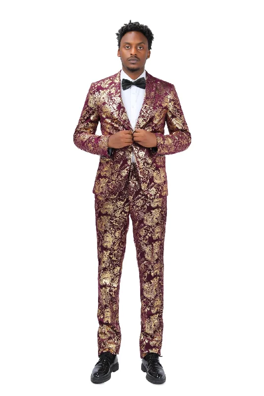 2-Piece Slim Fit Stylish Dress Floral Suit Red Gold