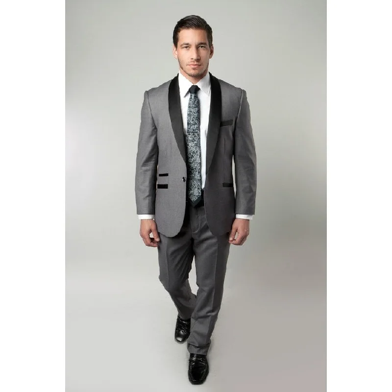 Men Suit Grey Satin Shawl Collar 2 Pieces Slim Fit Fashion Mens Suits