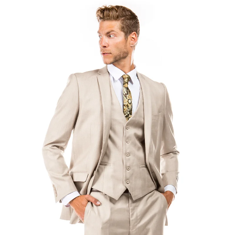 Men's 3pc Solid Textured Notch Lapel Suit Set, Tan