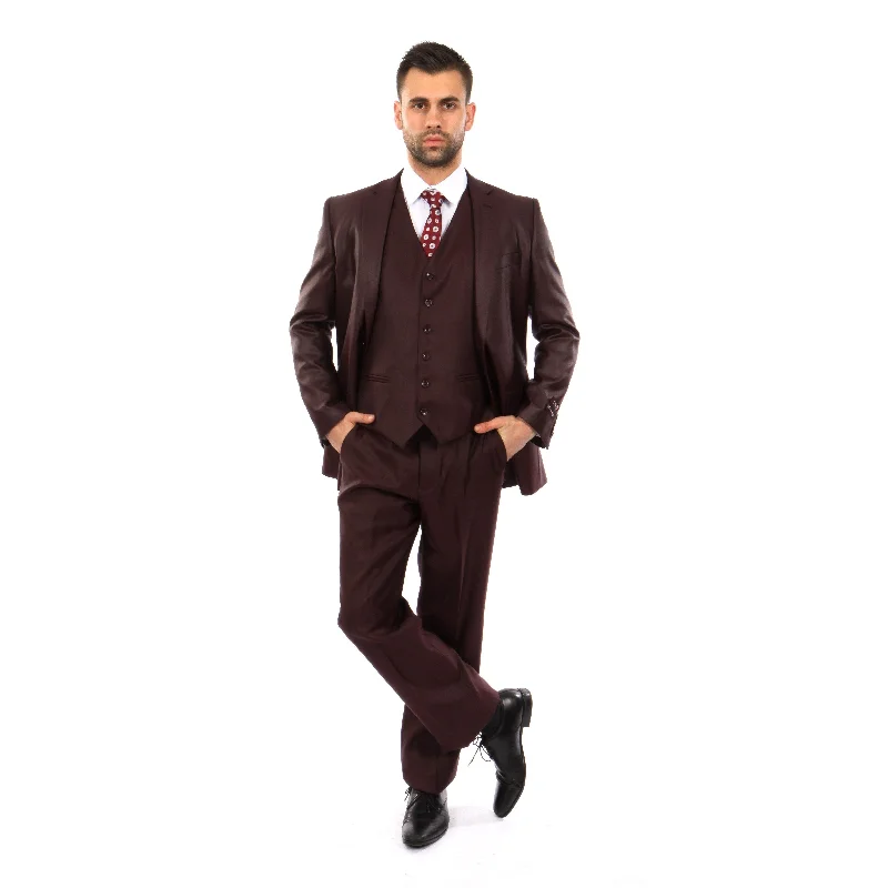 Quality Suits / Notch Lapel 3 PC Burgundy Texture Classic Fit Suits