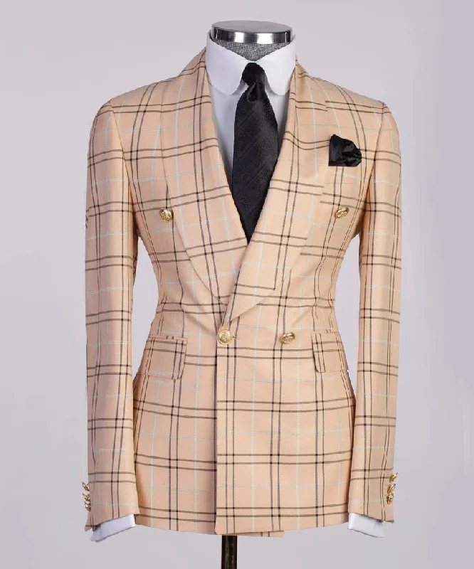 Beige Double-Breasted Check Suit