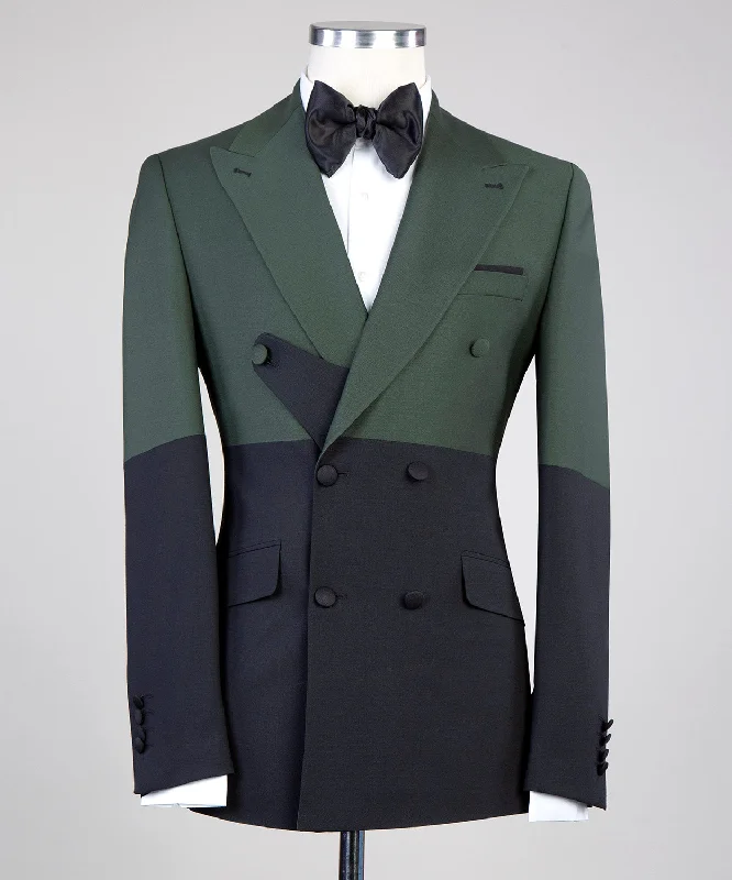 Black and Dark Green Double-Breasted Suit