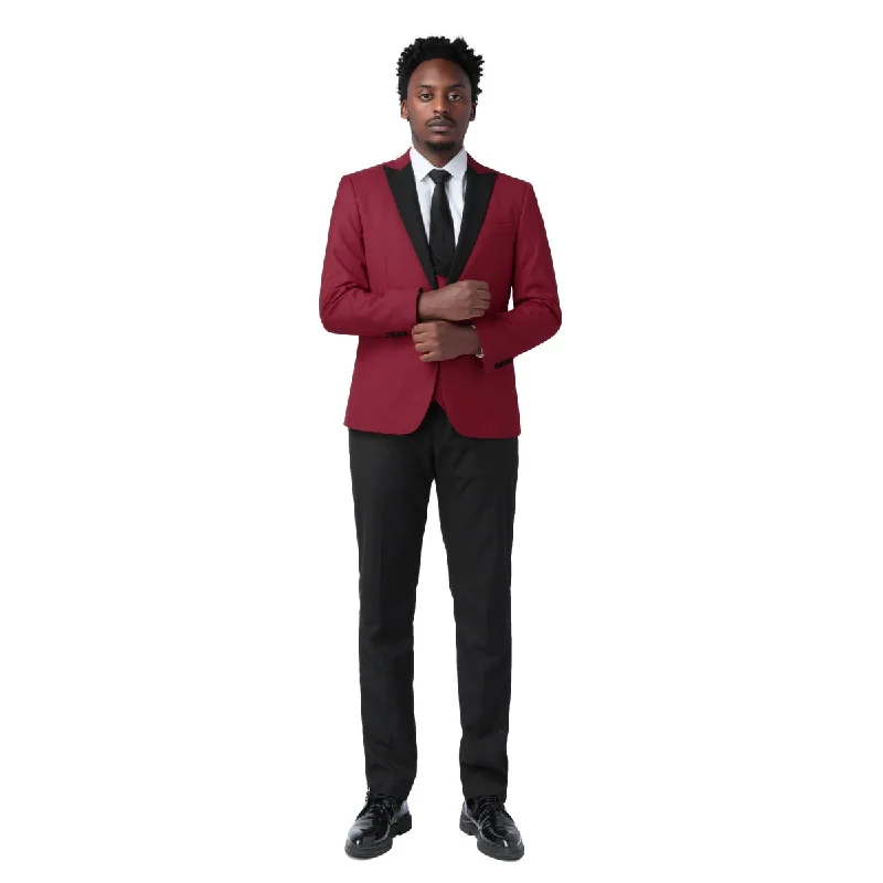 3 Piece Men's Suits One Button Slim Fit Peaked Lapel Tuxedo Wine Red