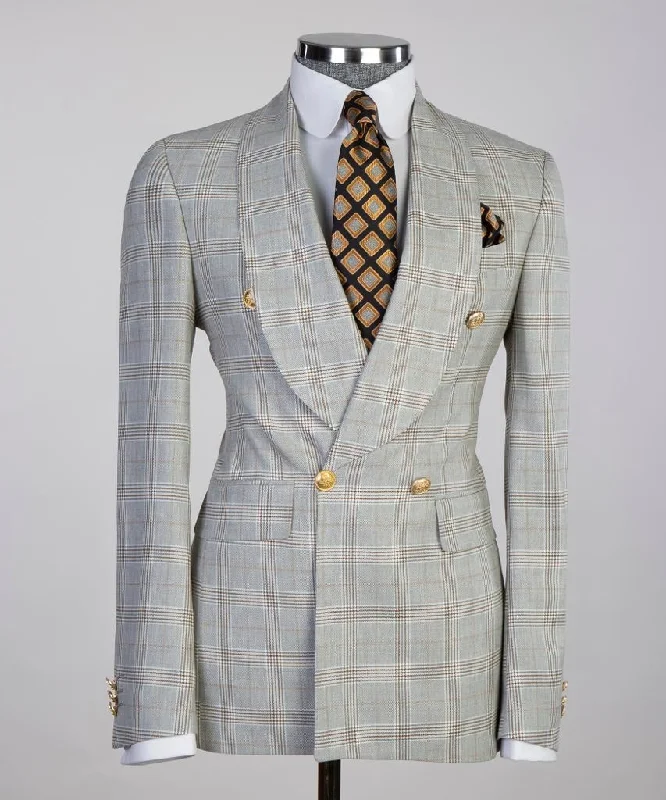 Light Grey Double-Breasted Check Suit