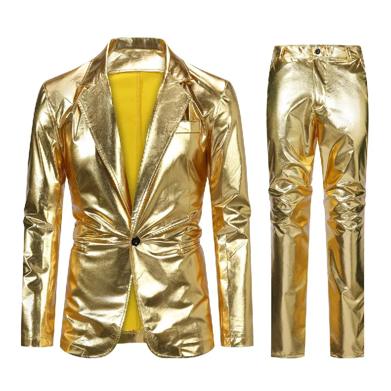 2-Piece Solid Color Stand Collar One-Button Glitter Suit Gold