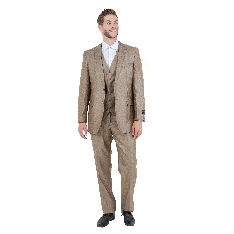 Men's Modern-Fit 3pc Sharkskin Suit Set, Dark Tan