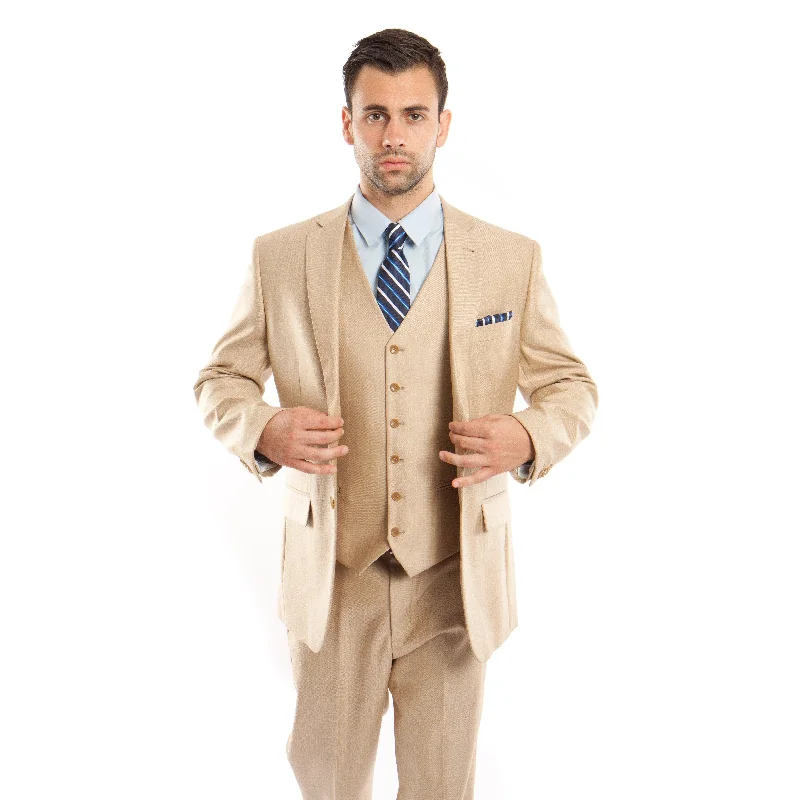 Quality Suits / Notch Lapel 3PC Light Beige Textured Classic Fit Suits