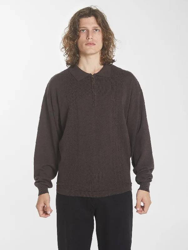 Imperial Jacquard Knit Long Sleeve Polo - Black Coffee