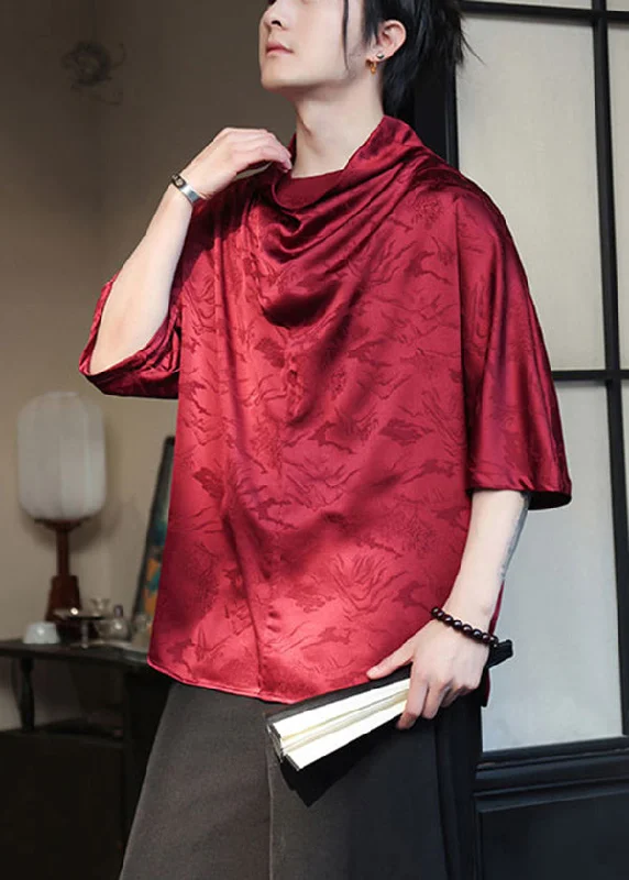 Chinese Style Red Jacquard Loose Silk Mens T Shirt Summer