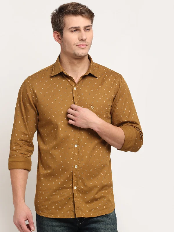 Men Cotton Printed Khaki Full Sleeve Casual Shirt for Men with Pocket