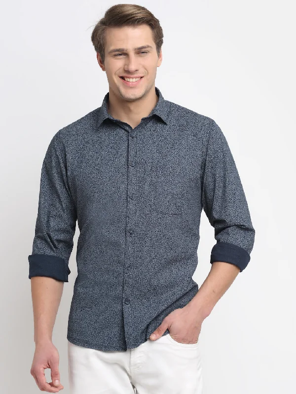 Men's Navy Blue Casual Floral Print Full Sleeve Shirt