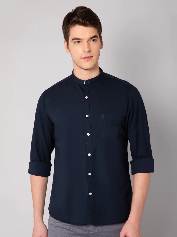 Men's Navy Blue Casual Plain Full Sleeve Shirt