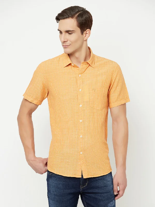 Men's Orange Casual Small Checks Half Sleeve Shirt