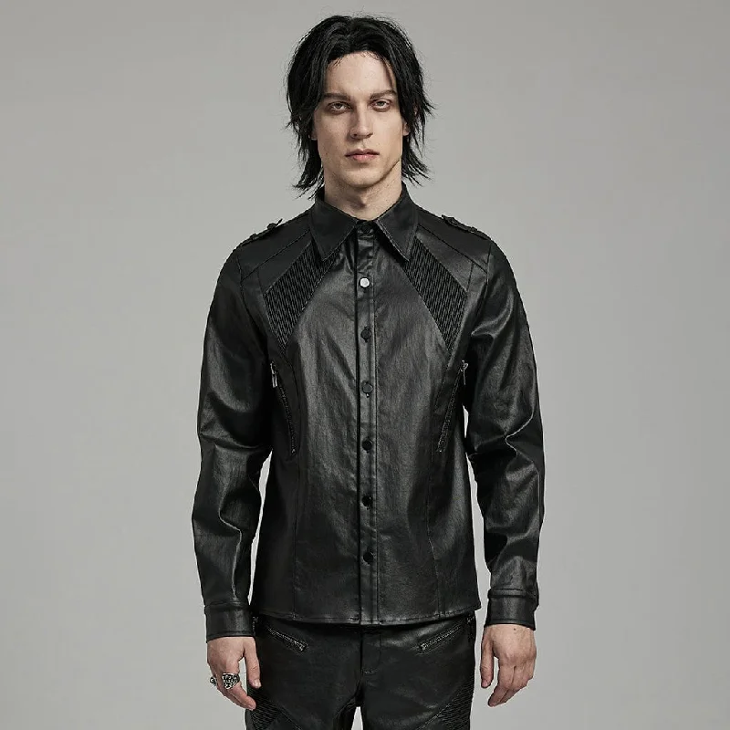 Men's Punk Pleated Zipper Faux Leather Shirt